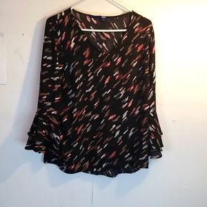 Women's blouse size large black multi color splashes of pink and gray.